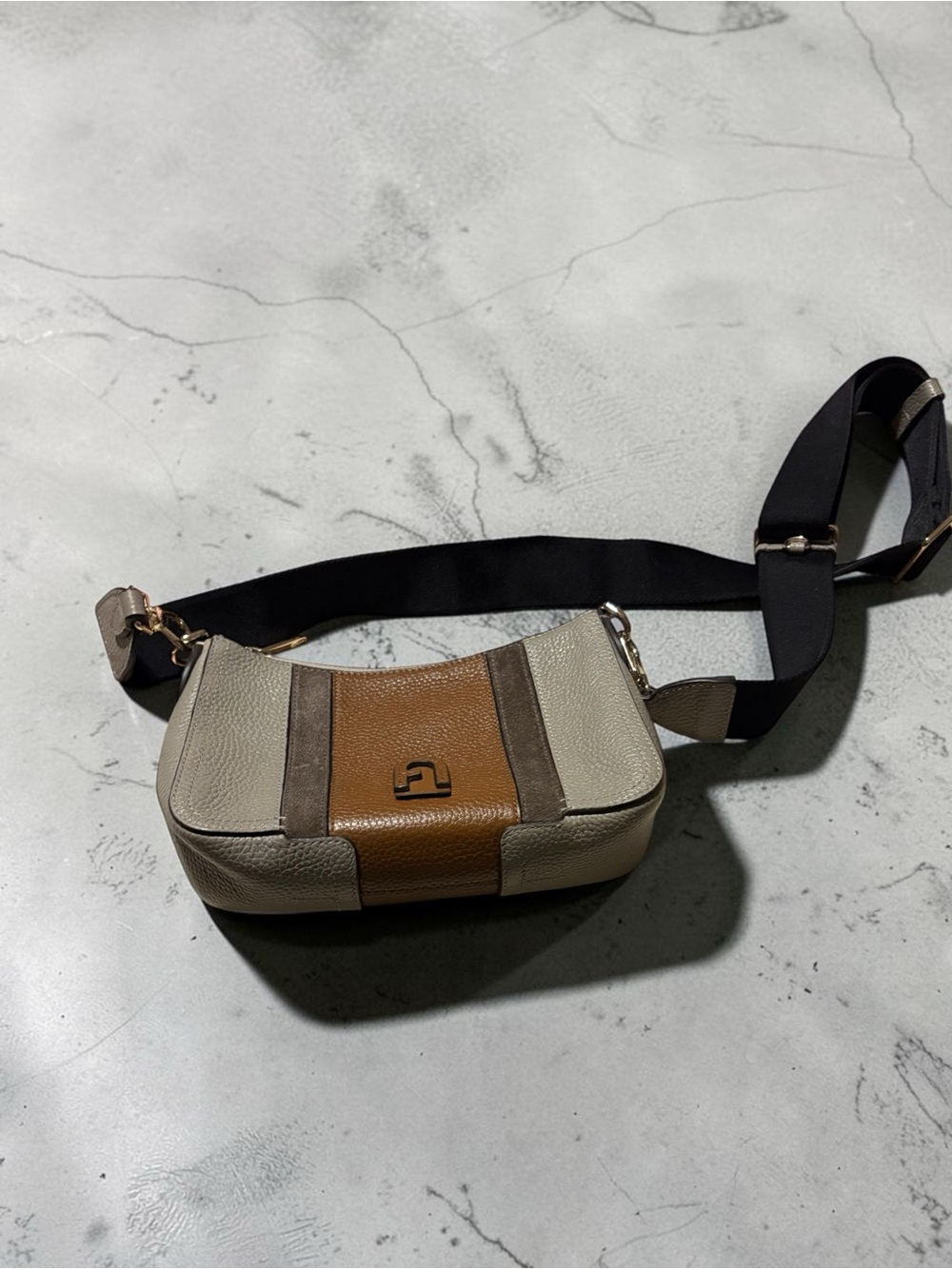 Furla Tri-Tone Beige, Brown and Taupe Leather Crossbody Bag